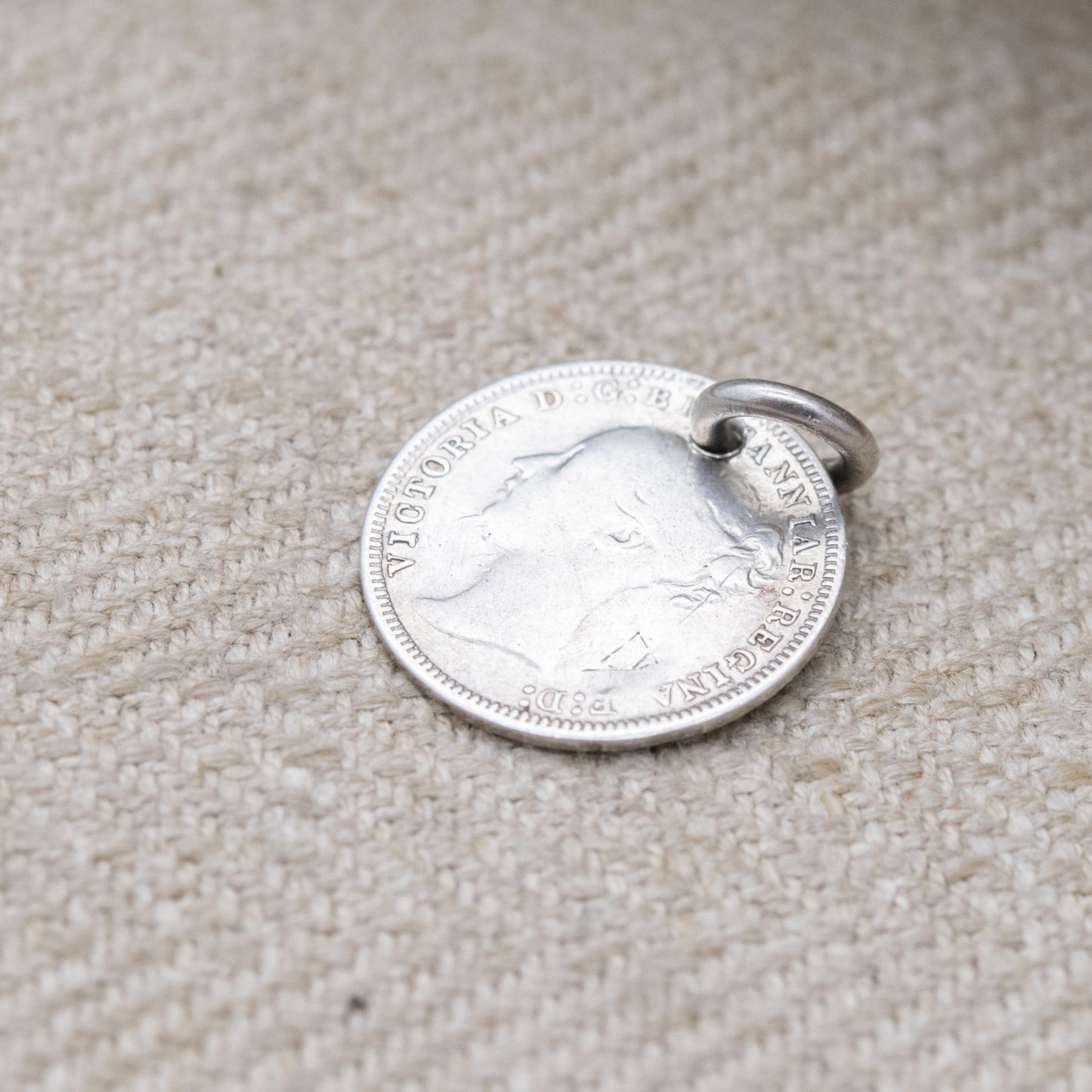 Antique Sterling Silver Victorian Love Token Engraved Threepence Coin Charm Pendant with Monogram