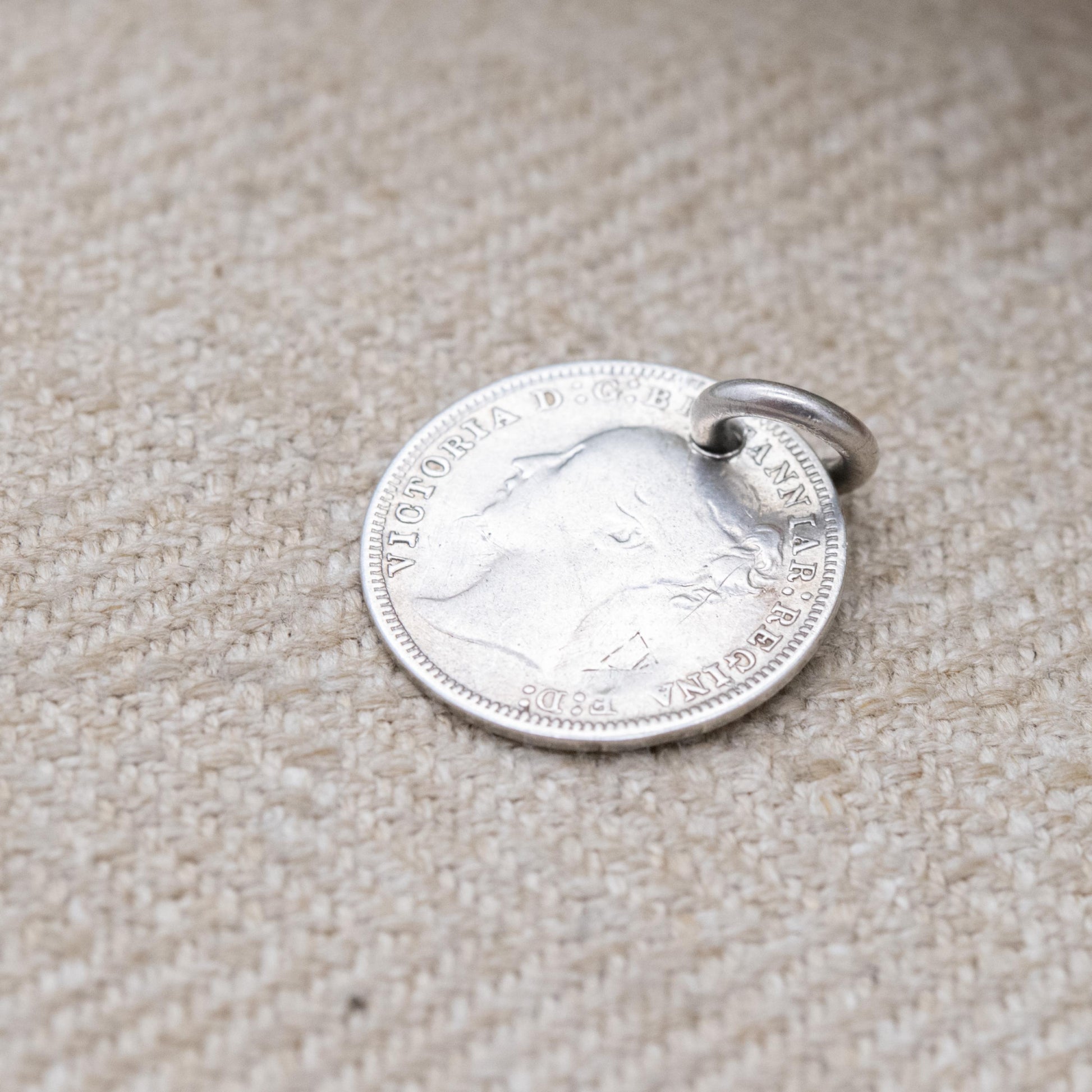 Antique Sterling Silver Victorian Love Token Engraved Threepence Coin Charm Pendant with Monogram