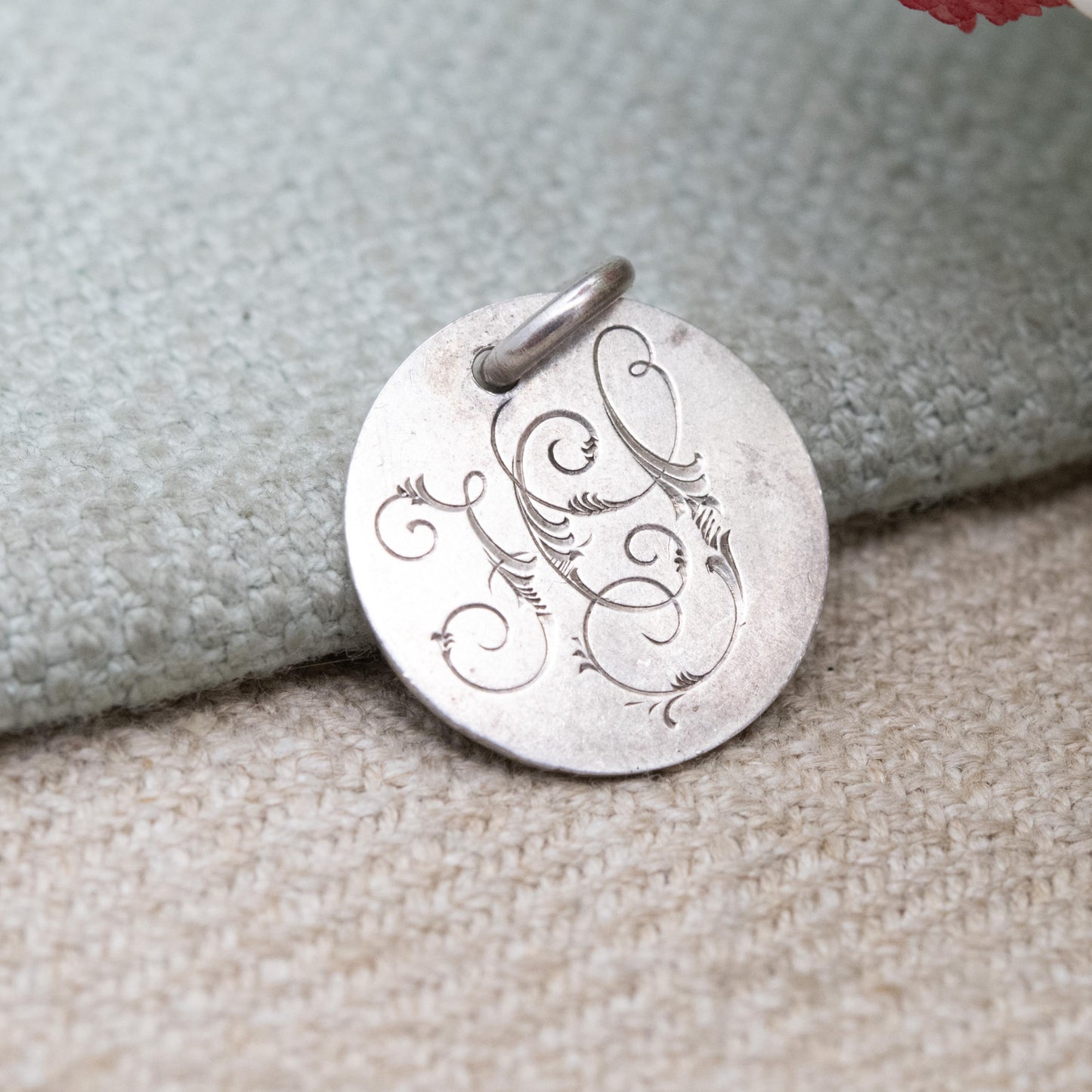 Antique Sterling Silver Victorian Love Token Engraved Threepence Coin Charm Pendant with Monogram