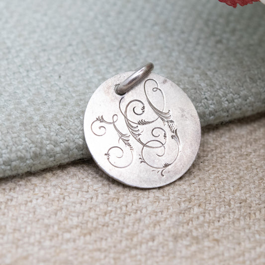 Antique Sterling Silver Victorian Love Token Engraved Threepence Coin Charm Pendant with Monogram