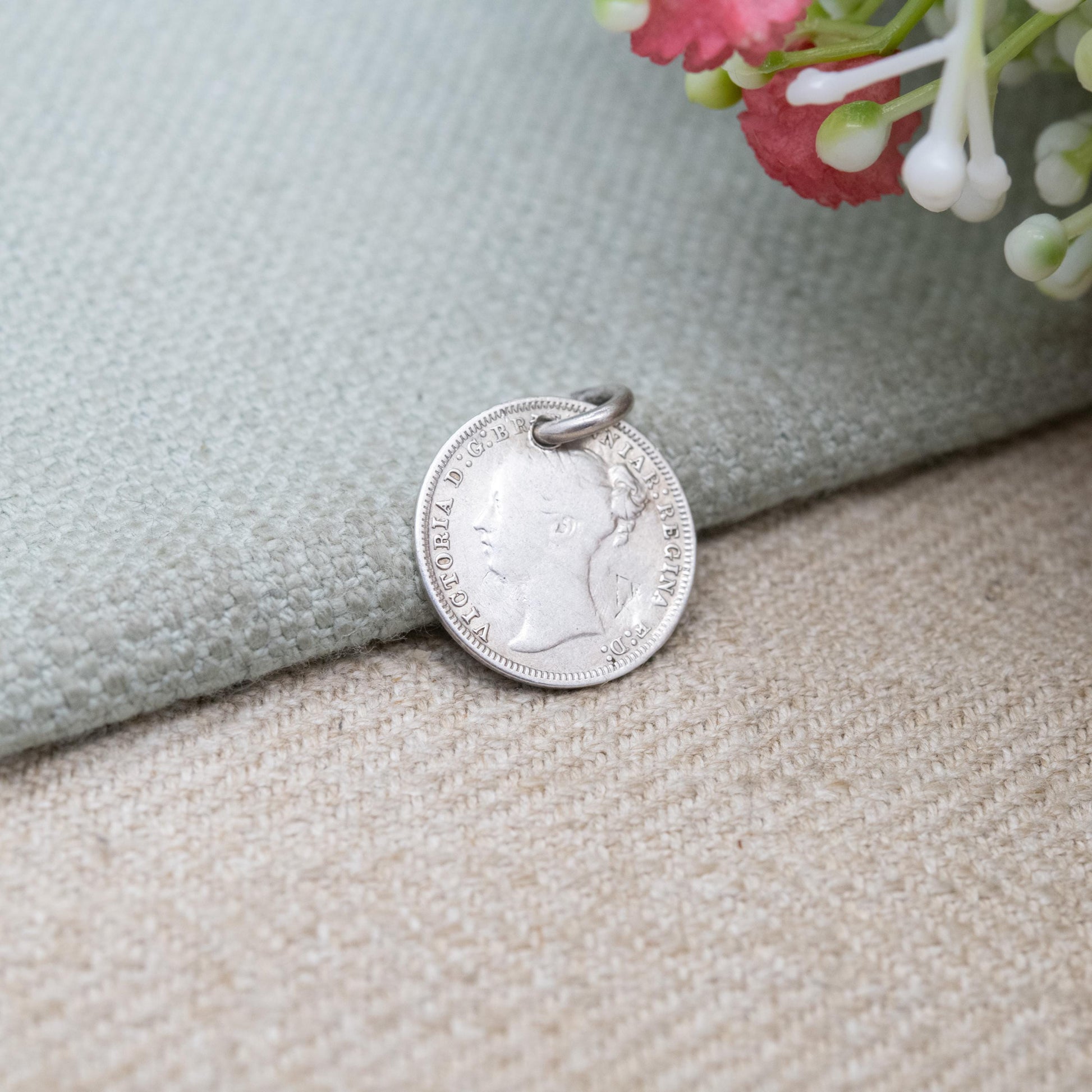 Antique Sterling Silver Victorian Love Token Engraved Threepence Coin Charm Pendant with Monogram