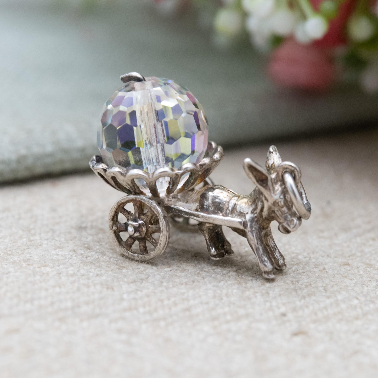 Vintage Sterling Silver Aurora Crystal Moving Donkey Cart Charm Pendant - Fantasy Princess Carriage | Gift for Charm Bracelet