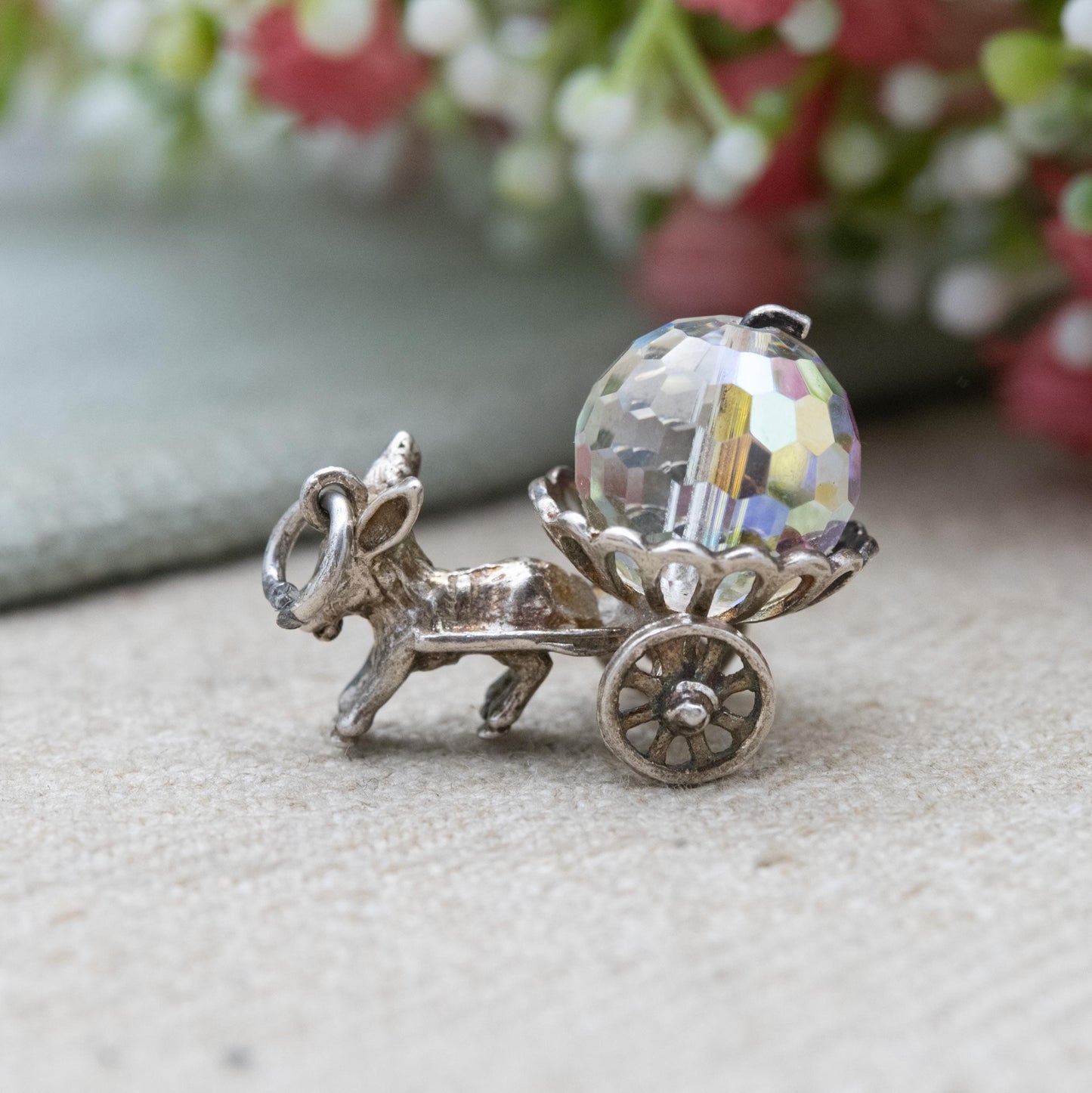 Vintage Sterling Silver Aurora Crystal Moving Donkey Cart Charm Pendant - Fantasy Princess Carriage | Gift for Charm Bracelet