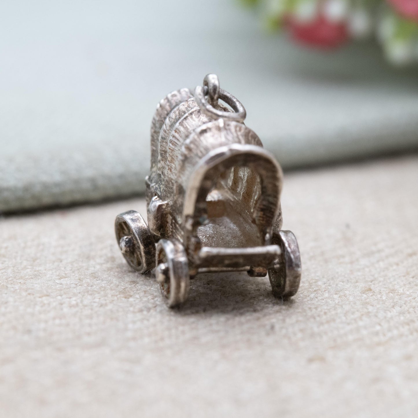 Vintage Sterling Silver Covered Wagon Charm Pendant - Moving Wheels Pioneer Wagon | Wild West Gift for Charm Bracelet