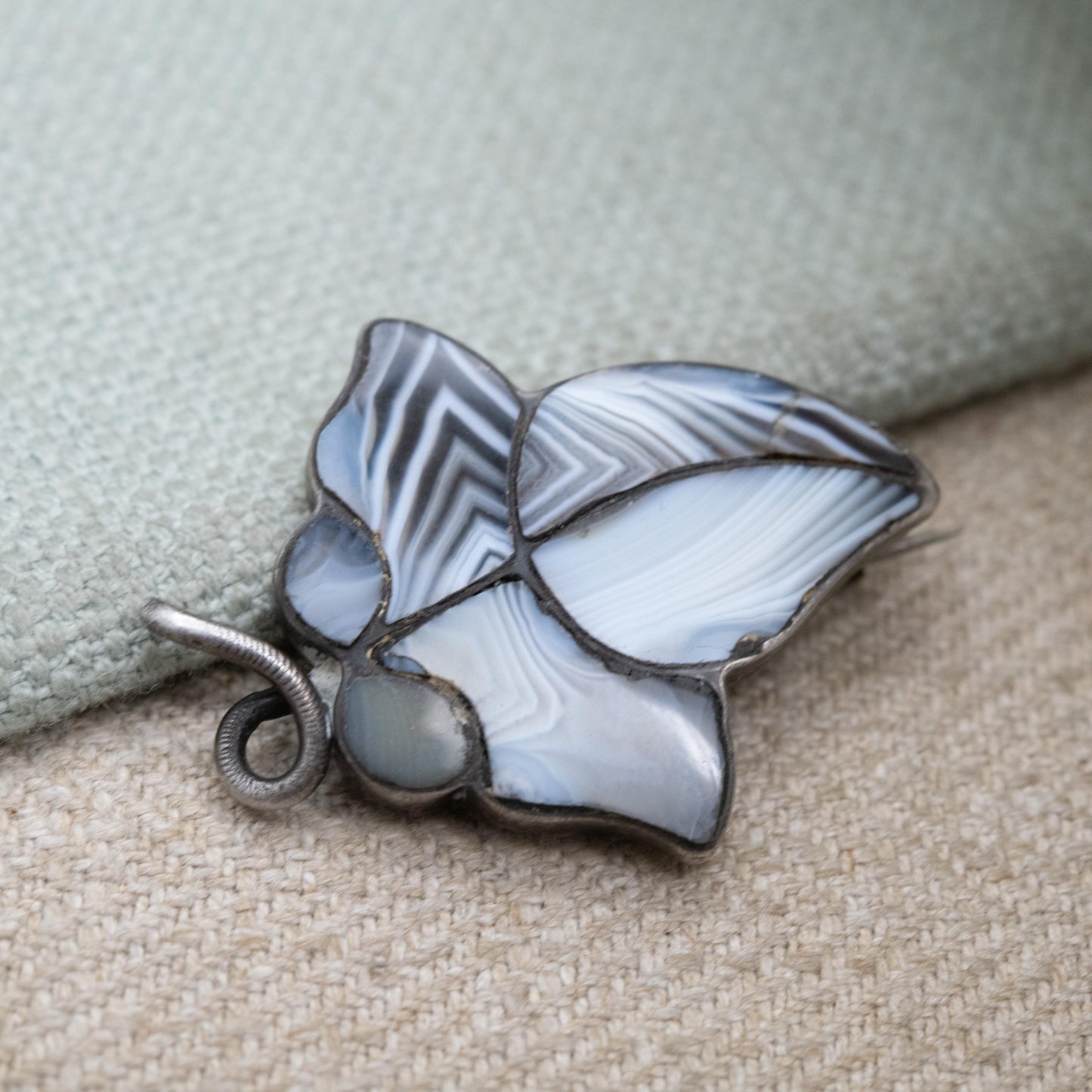 Antique Victorian Silver Scottish Agate Ivy Brooch - Scottish Hardstone Natural Gemstones | Collectable | Sterling Silver