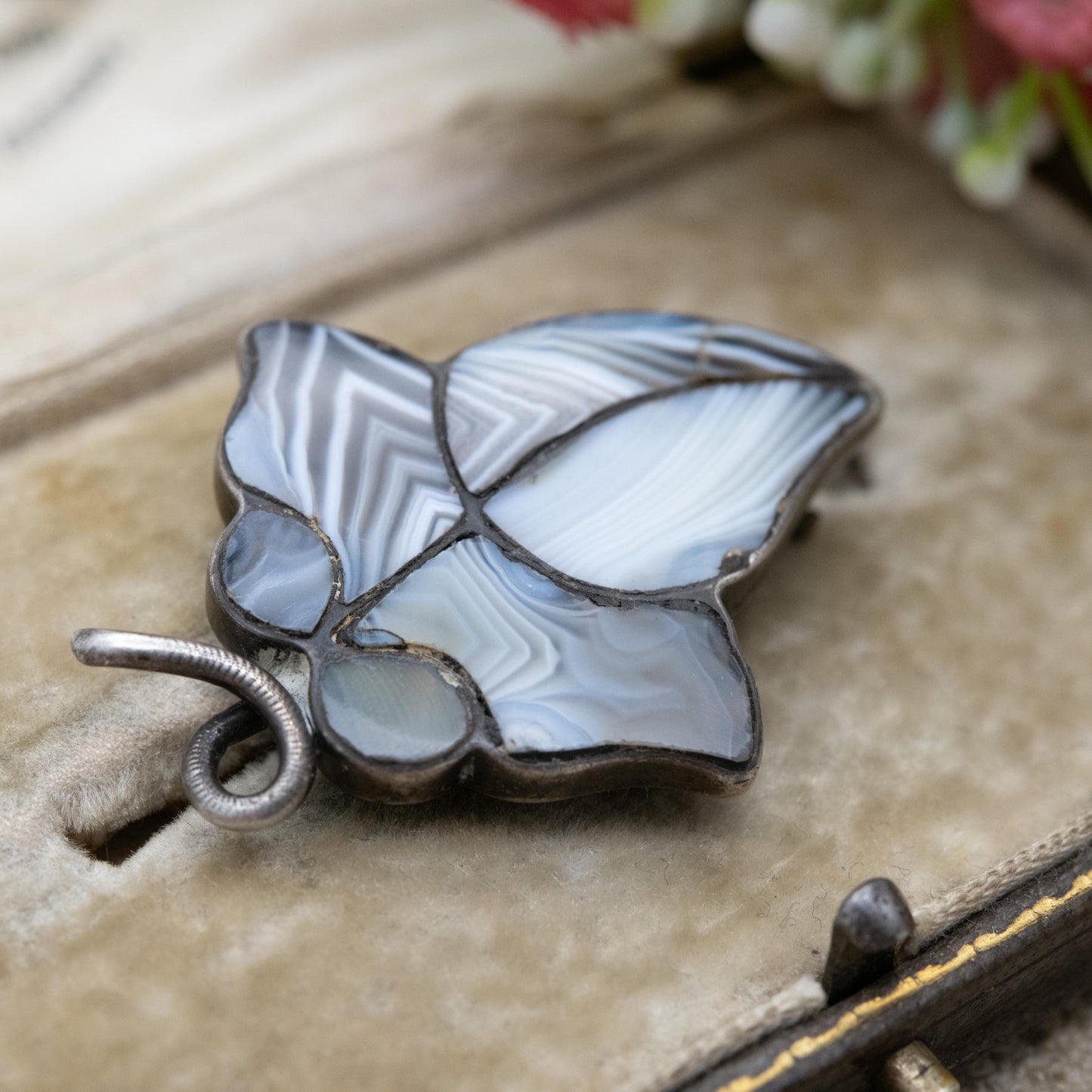 Antique Victorian Silver Scottish Agate Ivy Brooch - Scottish Hardstone Natural Gemstones | Collectable | Sterling Silver
