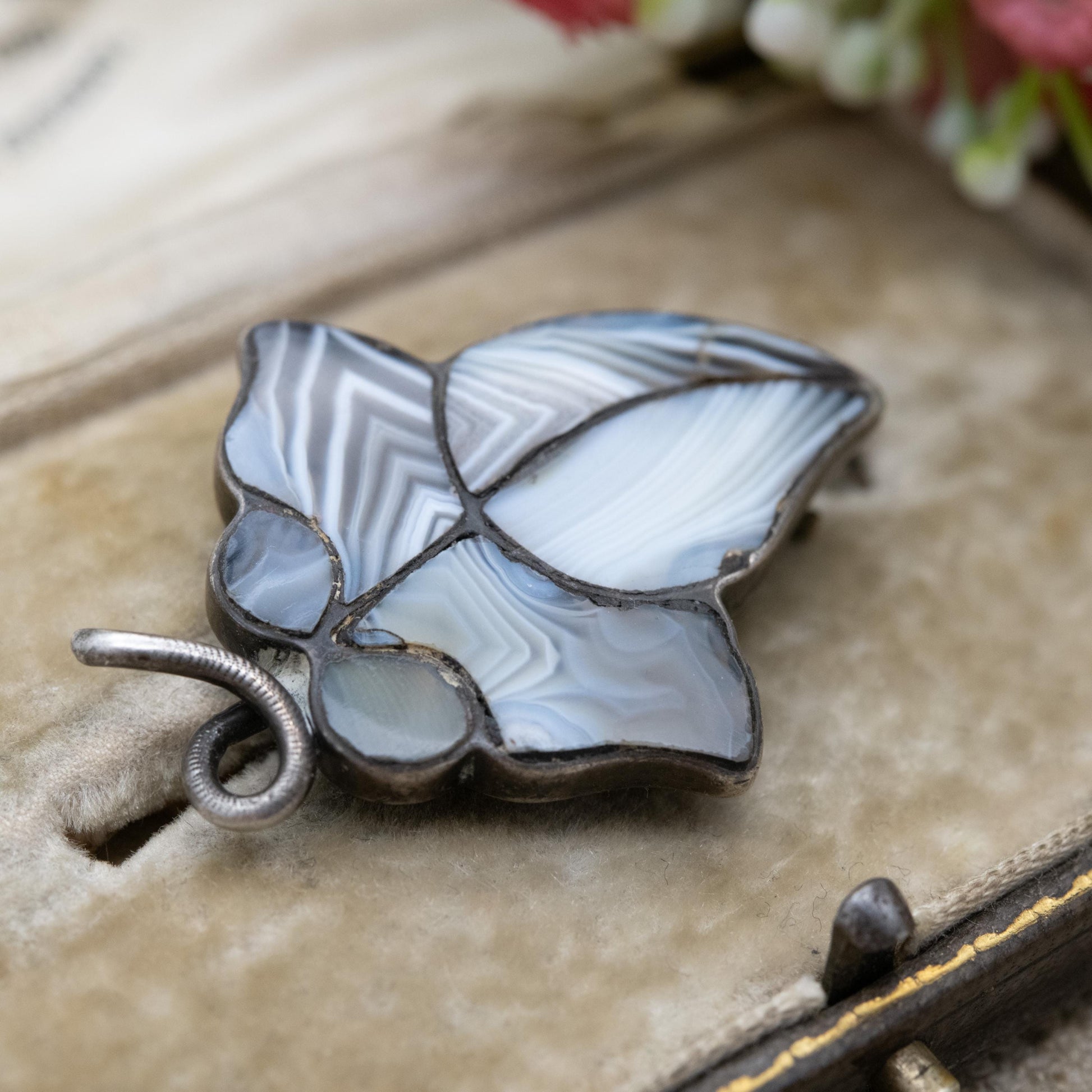 Antique Victorian Silver Scottish Agate Ivy Brooch - Scottish Hardstone Natural Gemstones | Collectable | Sterling Silver