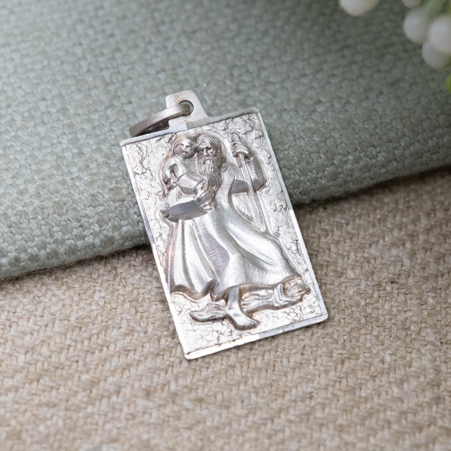 Vintage Sterling Silver St. Christopher Pendant - Embossed Relief | Rectangle Shape | Saint of Travelling | Religious Jewellery