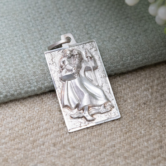 Vintage Sterling Silver St. Christopher Pendant - Embossed Relief | Rectangle Shape | Saint of Travelling | Religious Jewellery