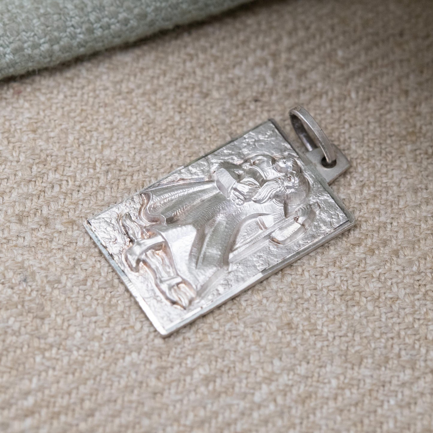 Vintage Sterling Silver St. Christopher Pendant - Embossed Relief | Rectangle Shape | Saint of Travelling | Religious Jewellery