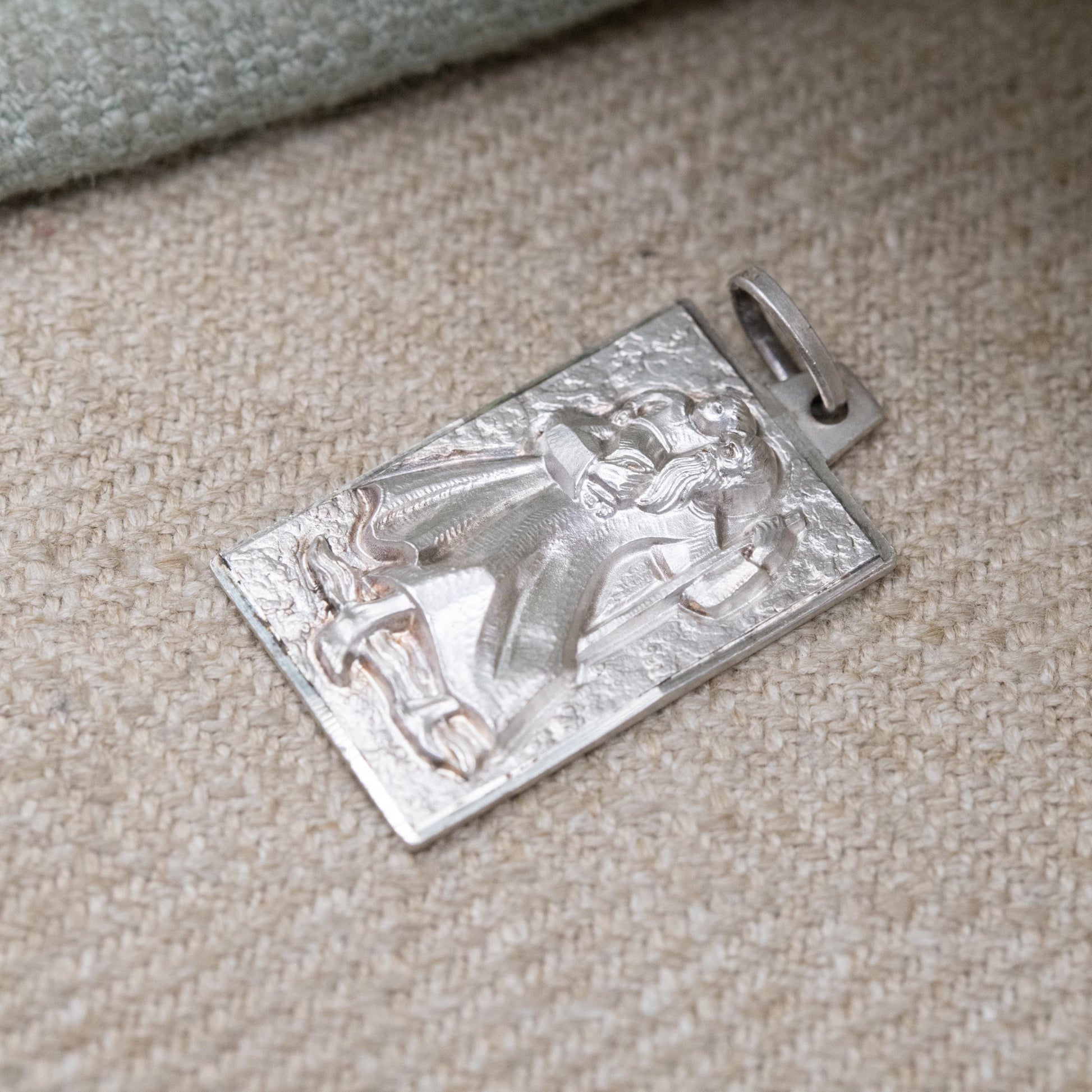 Vintage Sterling Silver St. Christopher Pendant - Embossed Relief | Rectangle Shape | Saint of Travelling | Religious Jewellery