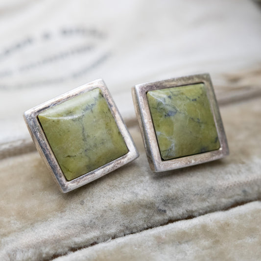 Vintage Square Sterling Silver and Connemara Marble Stud Earrings - Gift for Her | Green Stone Stud Earrings | Irish Green Stud Earrings