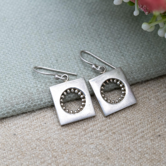 Vintage Sterling Silver Square Dangle Earrings - Granulated Design Earrings | Delicate Gift for Her