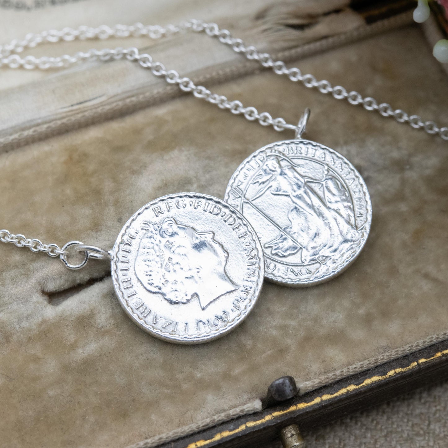 Sterling Silver Double Britannia Coin Necklace – Queen Elizabeth II Imitation Coins on Silver Chain | Statement Pendant Jewellery