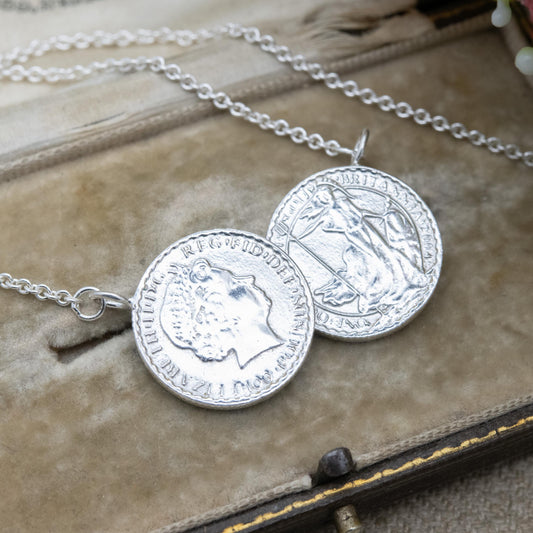 Sterling Silver Double Britannia Coin Necklace – Queen Elizabeth II Imitation Coins on Silver Chain | Statement Pendant Jewellery