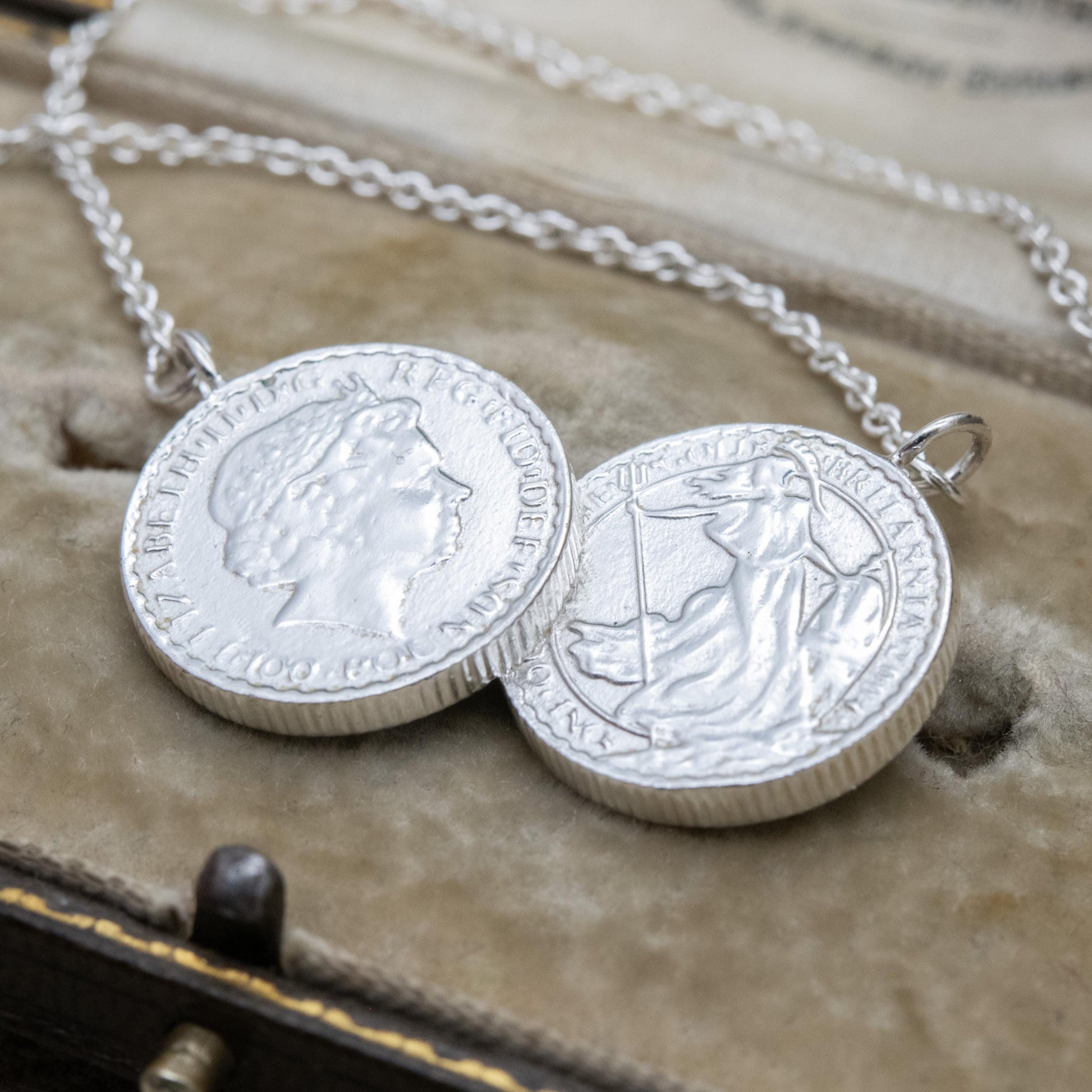 Sterling Silver Double Britannia Coin Necklace – Queen Elizabeth II Imitation Coins on Silver Chain | Statement Pendant Jewellery
