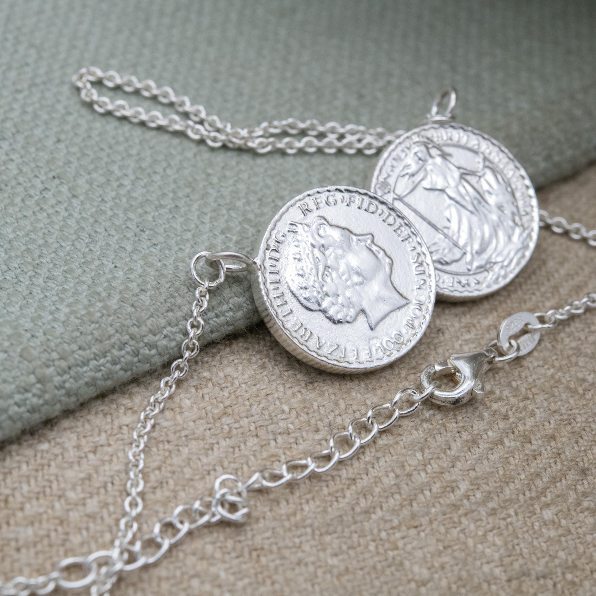 Sterling Silver Double Britannia Coin Necklace – Queen Elizabeth II Imitation Coins on Silver Chain | Statement Pendant Jewellery