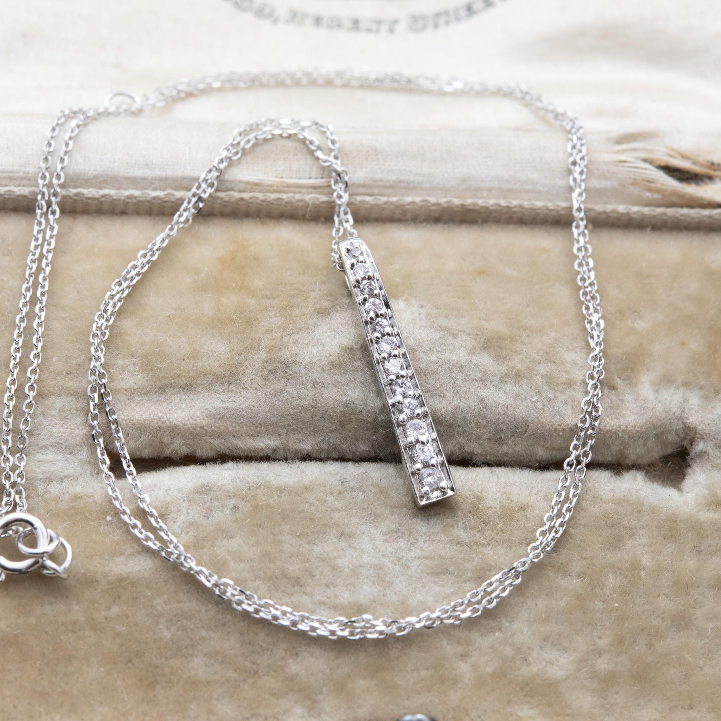 9ct White Gold Pendant Necklace with Graduated Stones - Solid Gold Minimalist Gift for Her | Bar Shape Pave Set Charm on 18" Trace Chain