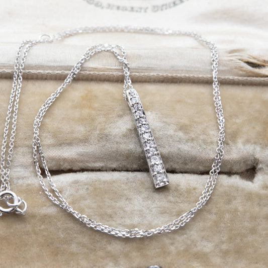 9ct White Gold Pendant Necklace with Graduated Stones - Solid Gold Minimalist Gift for Her | Bar Shape Pave Set Charm on 18" Trace Chain