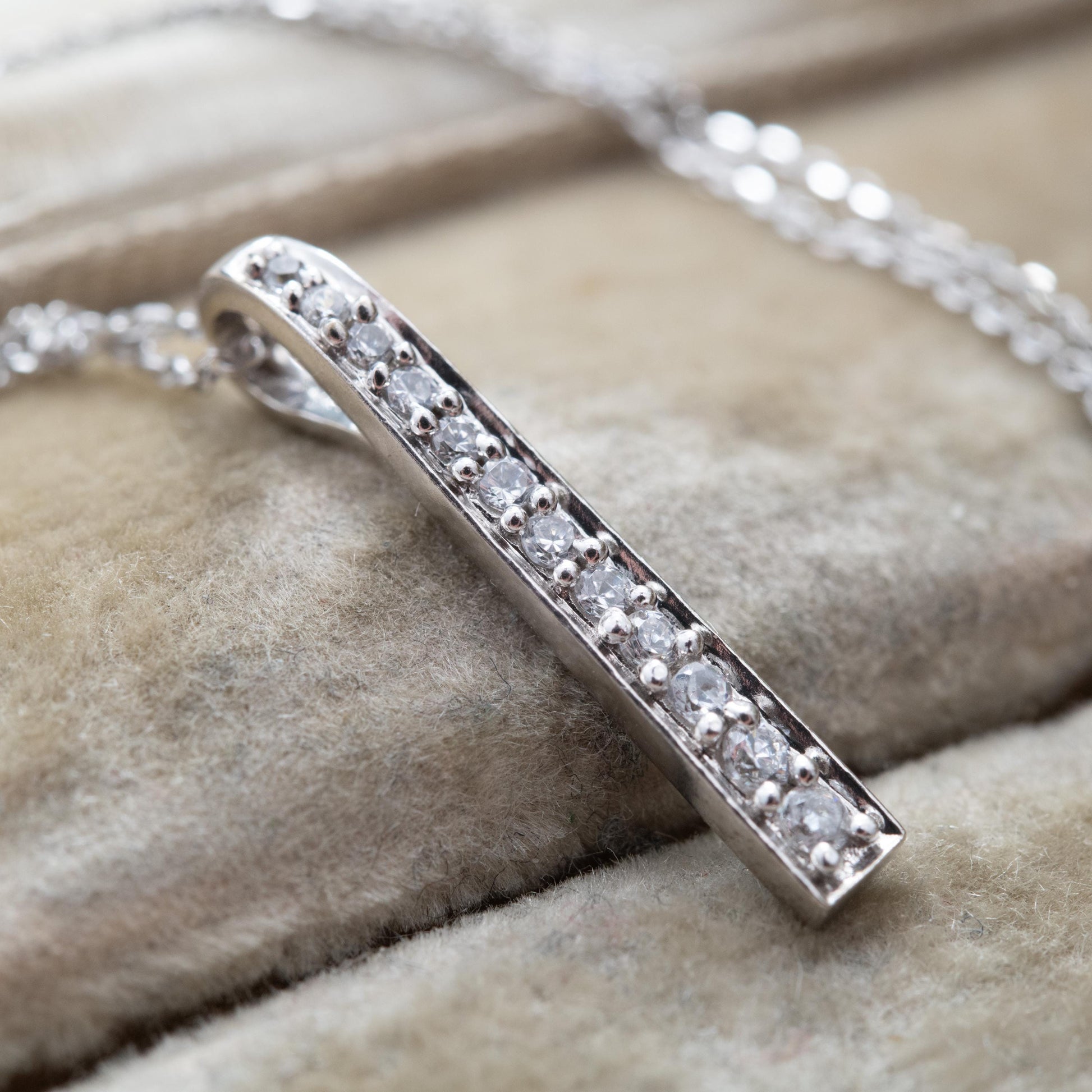 9ct White Gold Pendant Necklace with Graduated Stones - Solid Gold Minimalist Gift for Her | Bar Shape Pave Set Charm on 18" Trace Chain