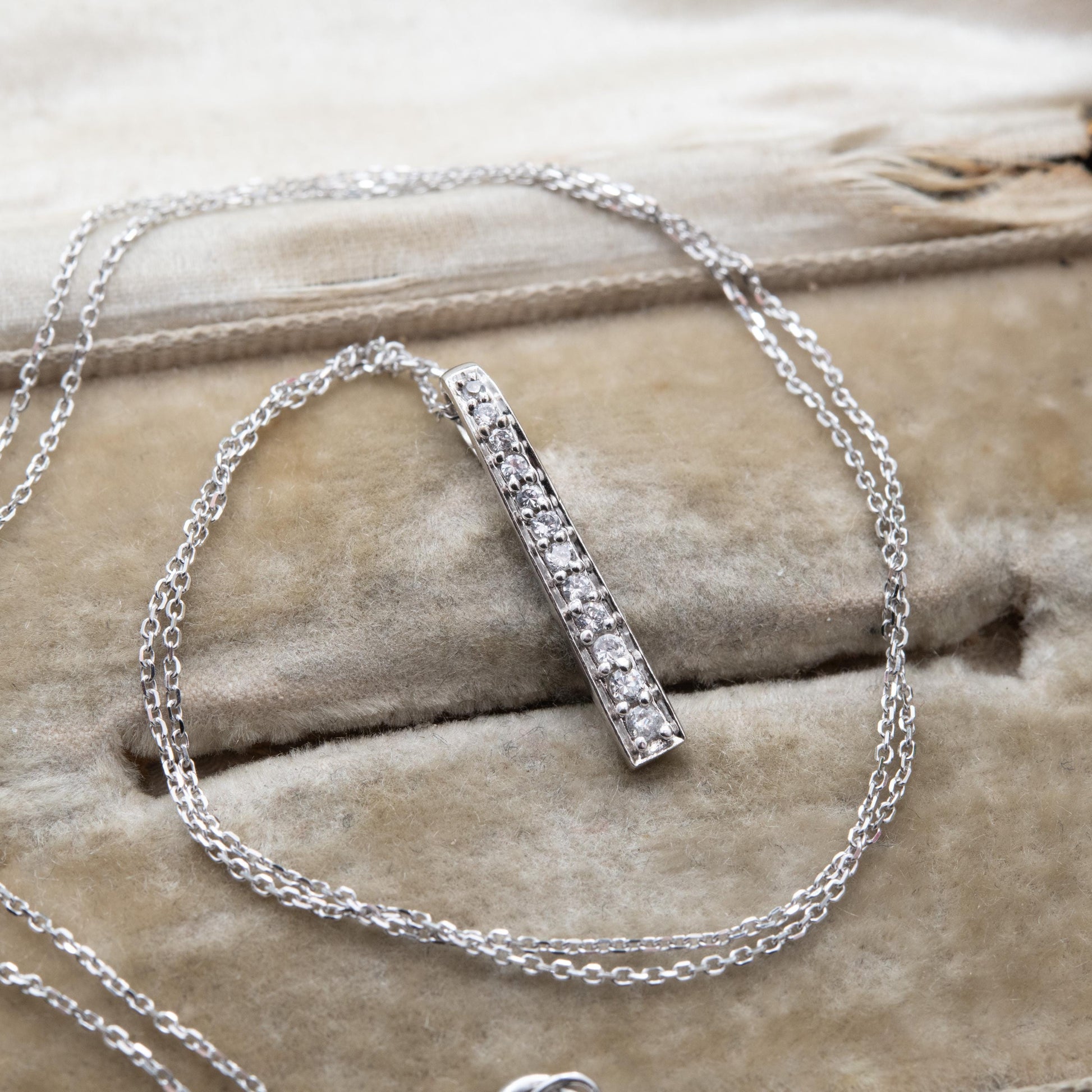 9ct White Gold Pendant Necklace with Graduated Stones - Solid Gold Minimalist Gift for Her | Bar Shape Pave Set Charm on 18" Trace Chain