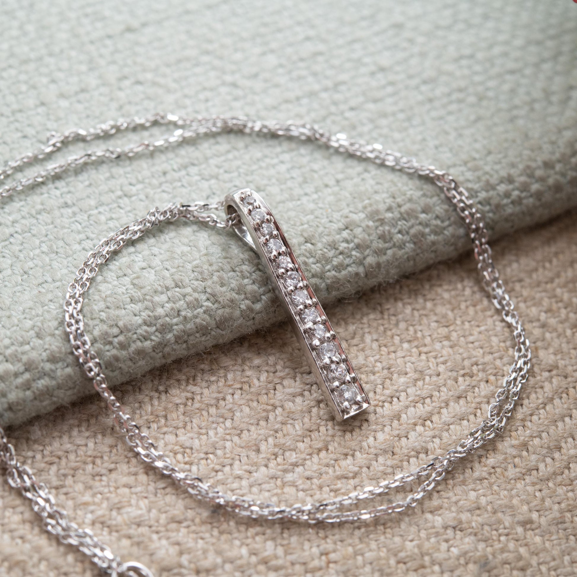 9ct White Gold Pendant Necklace with Graduated Stones - Solid Gold Minimalist Gift for Her | Bar Shape Pave Set Charm on 18" Trace Chain