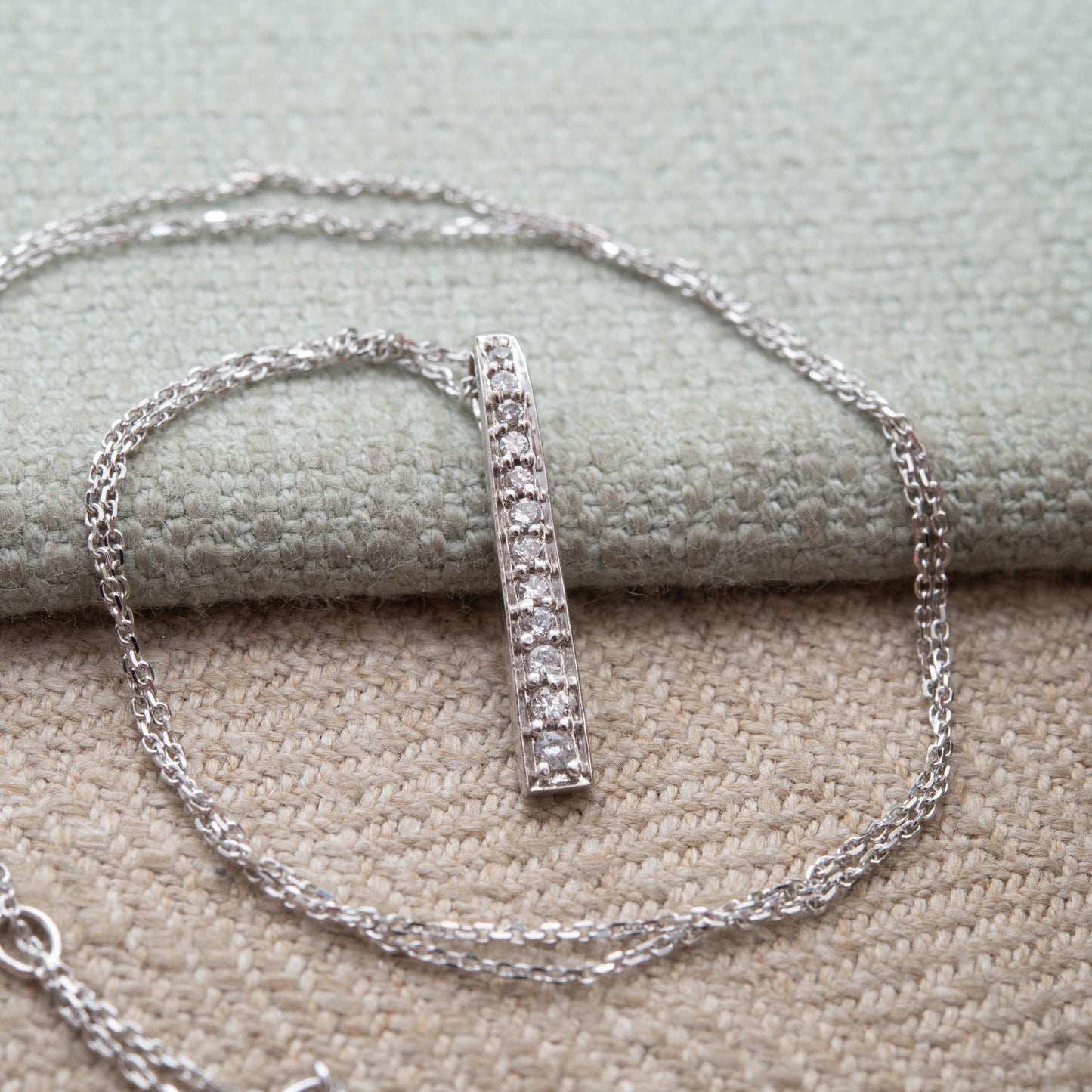 9ct White Gold Pendant Necklace with Graduated Stones - Solid Gold Minimalist Gift for Her | Bar Shape Pave Set Charm on 18" Trace Chain