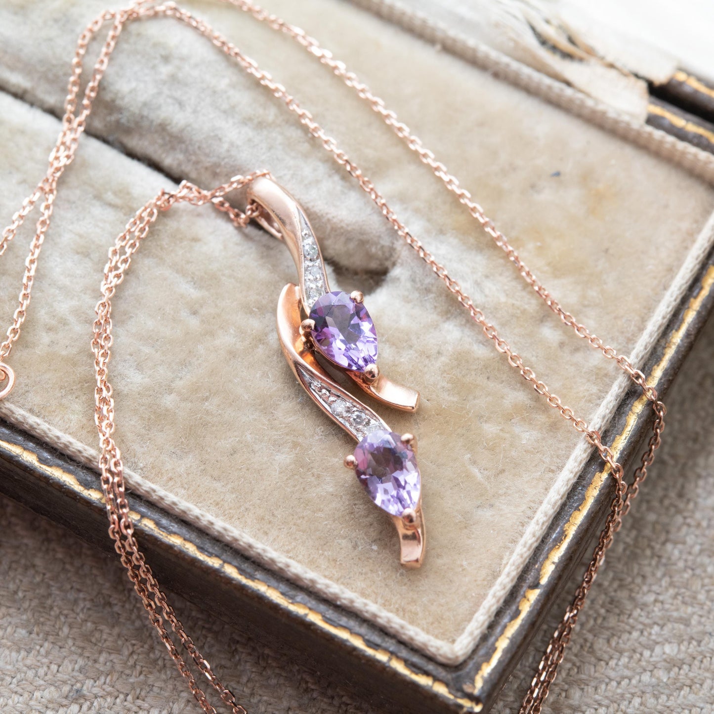 9ct Rose Gold Amethyst and Diamond Pendant Necklace - Pear Cut Double Drop Curved Twist Design