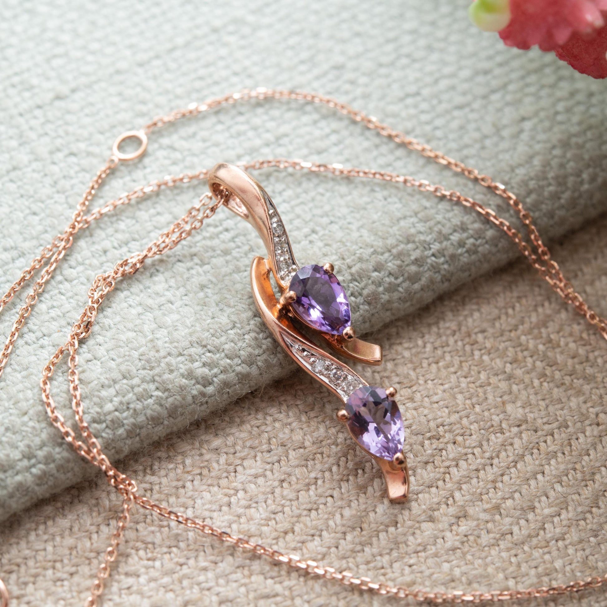 9ct Rose Gold Amethyst and Diamond Pendant Necklace - Pear Cut Double Drop Curved Twist Design