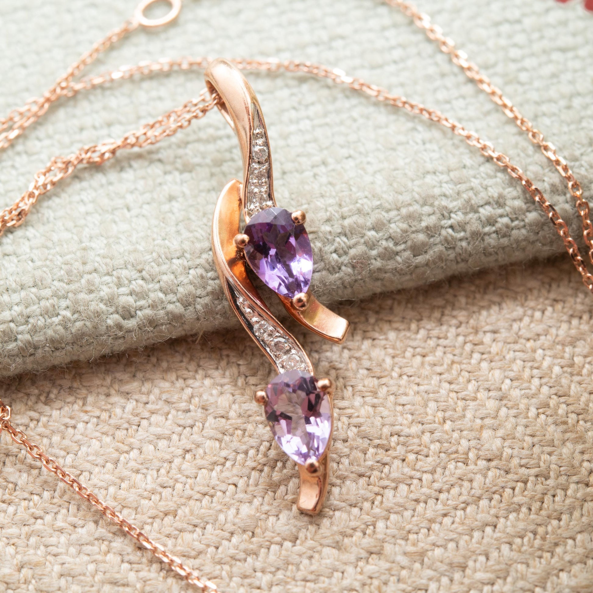 9ct Rose Gold Amethyst and Diamond Pendant Necklace - Pear Cut Double Drop Curved Twist Design