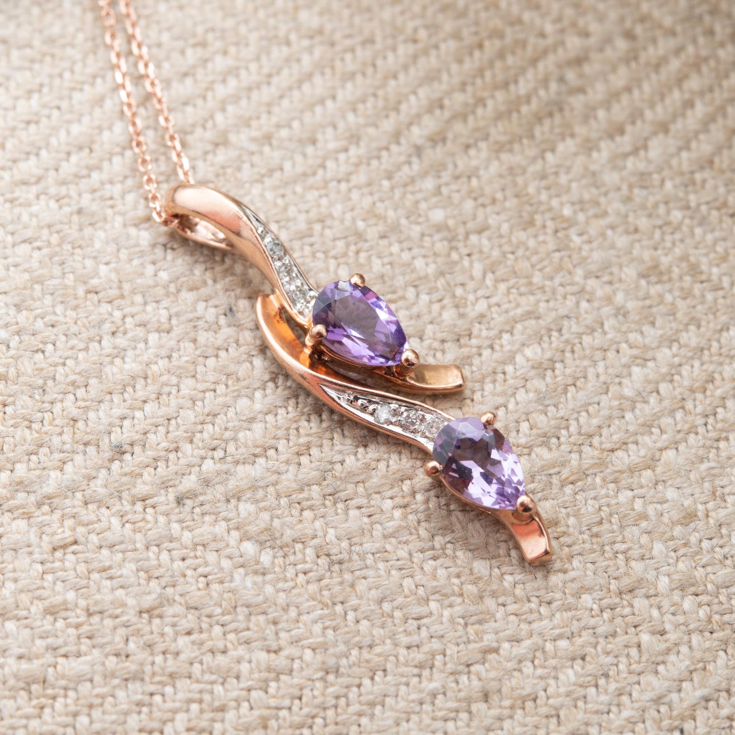 9ct Rose Gold Amethyst and Diamond Pendant Necklace - Pear Cut Double Drop Curved Twist Design
