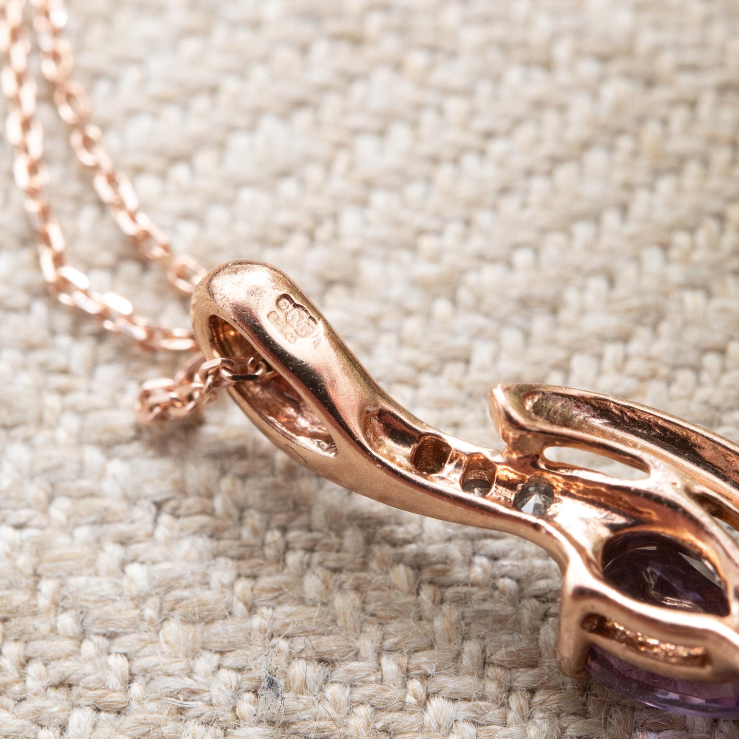 9ct Rose Gold Amethyst and Diamond Pendant Necklace - Pear Cut Double Drop Curved Twist Design