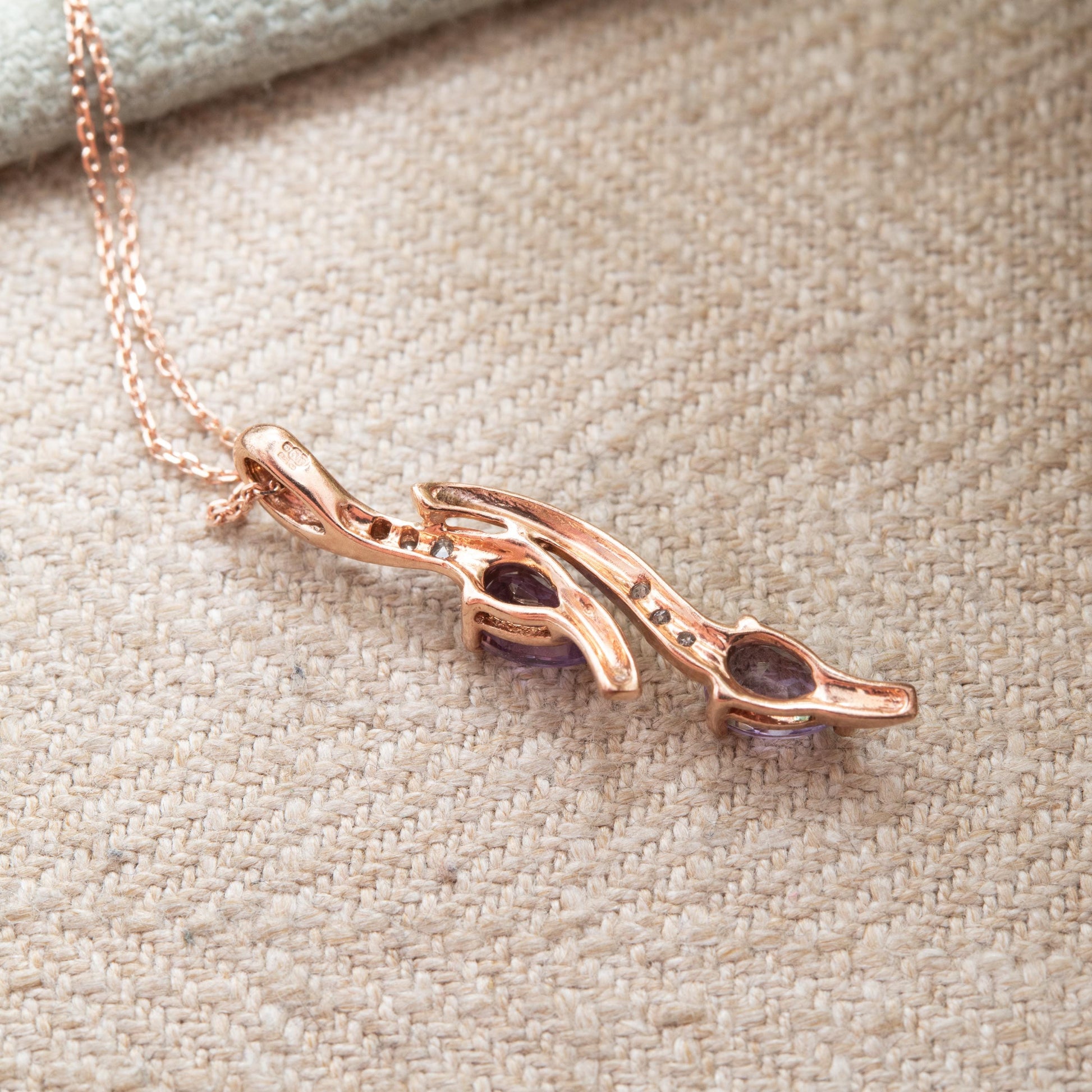 9ct Rose Gold Amethyst and Diamond Pendant Necklace - Pear Cut Double Drop Curved Twist Design