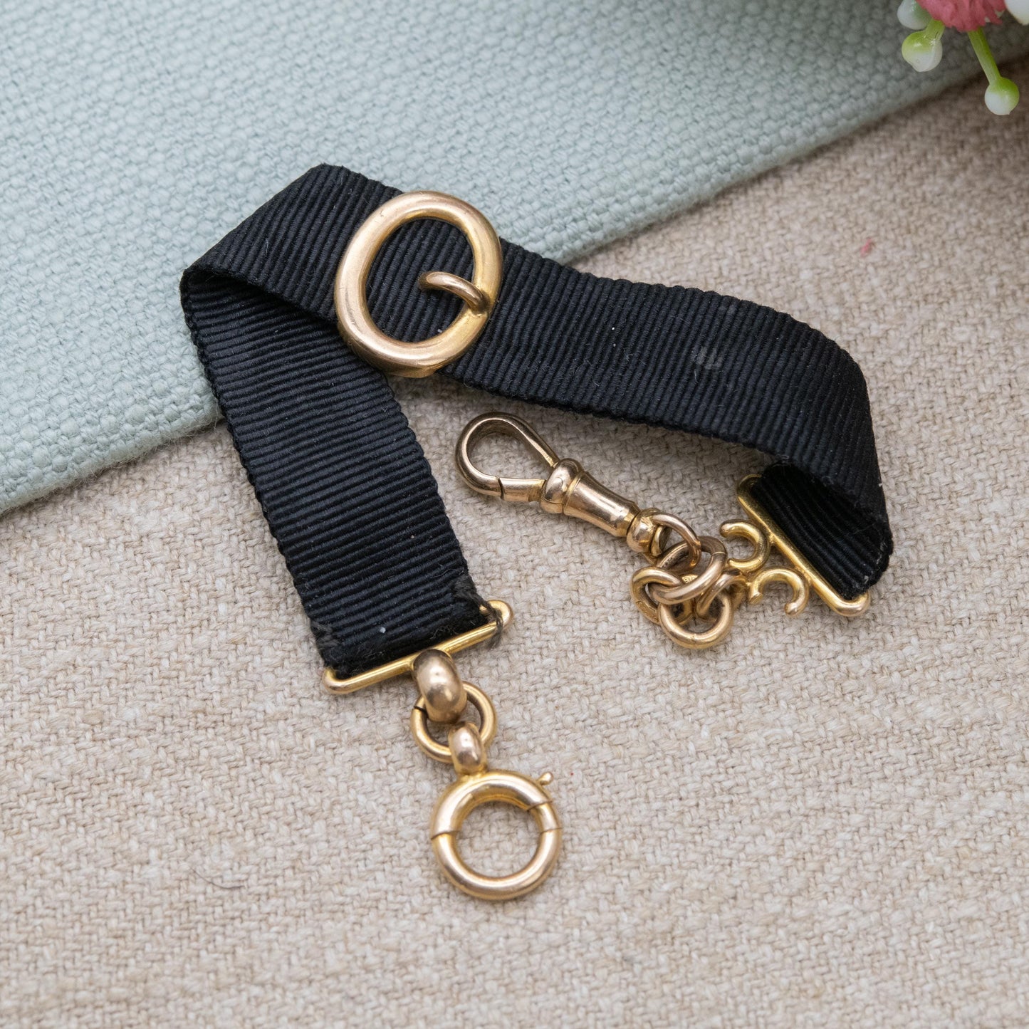 Antique Edwardian 9ct Gold Buckle Slider Ribbon Bracelet Conversion 1905 - Grosgrain Watch Chain with Dog Clip Clasp and Bolt Ring