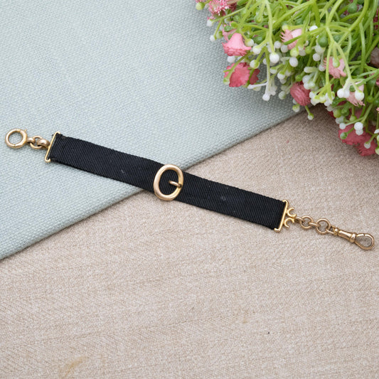 Antique Edwardian 9ct Gold Buckle Slider Ribbon Bracelet Conversion 1905 - Grosgrain Watch Chain with Dog Clip Clasp and Bolt Ring