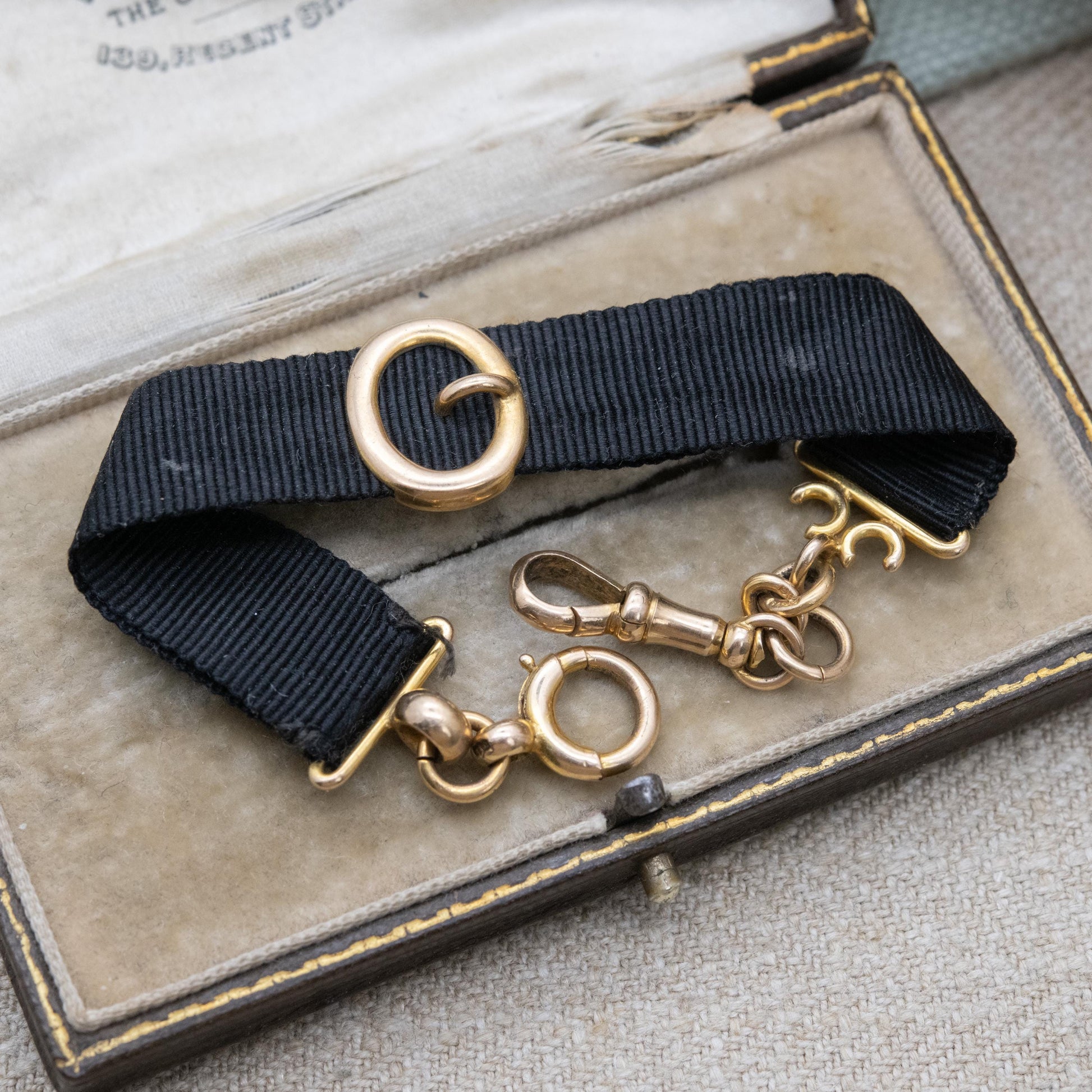 Antique Edwardian 9ct Gold Buckle Slider Ribbon Bracelet Conversion 1905 - Grosgrain Watch Chain with Dog Clip Clasp and Bolt Ring