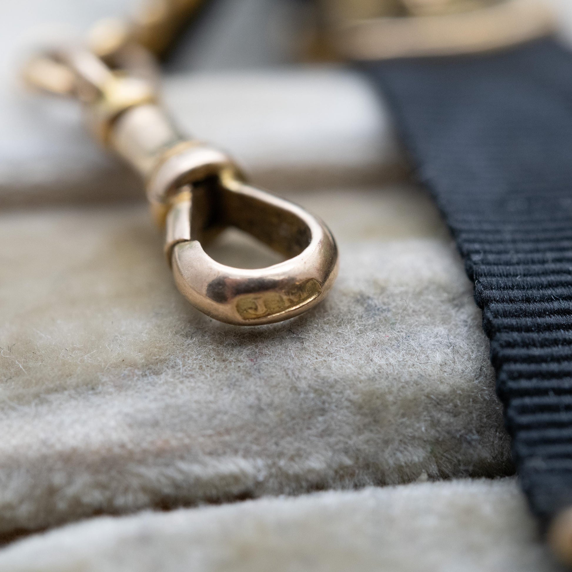 Antique Edwardian 9ct Gold Buckle Slider Ribbon Bracelet Conversion 1905 - Grosgrain Watch Chain with Dog Clip Clasp and Bolt Ring