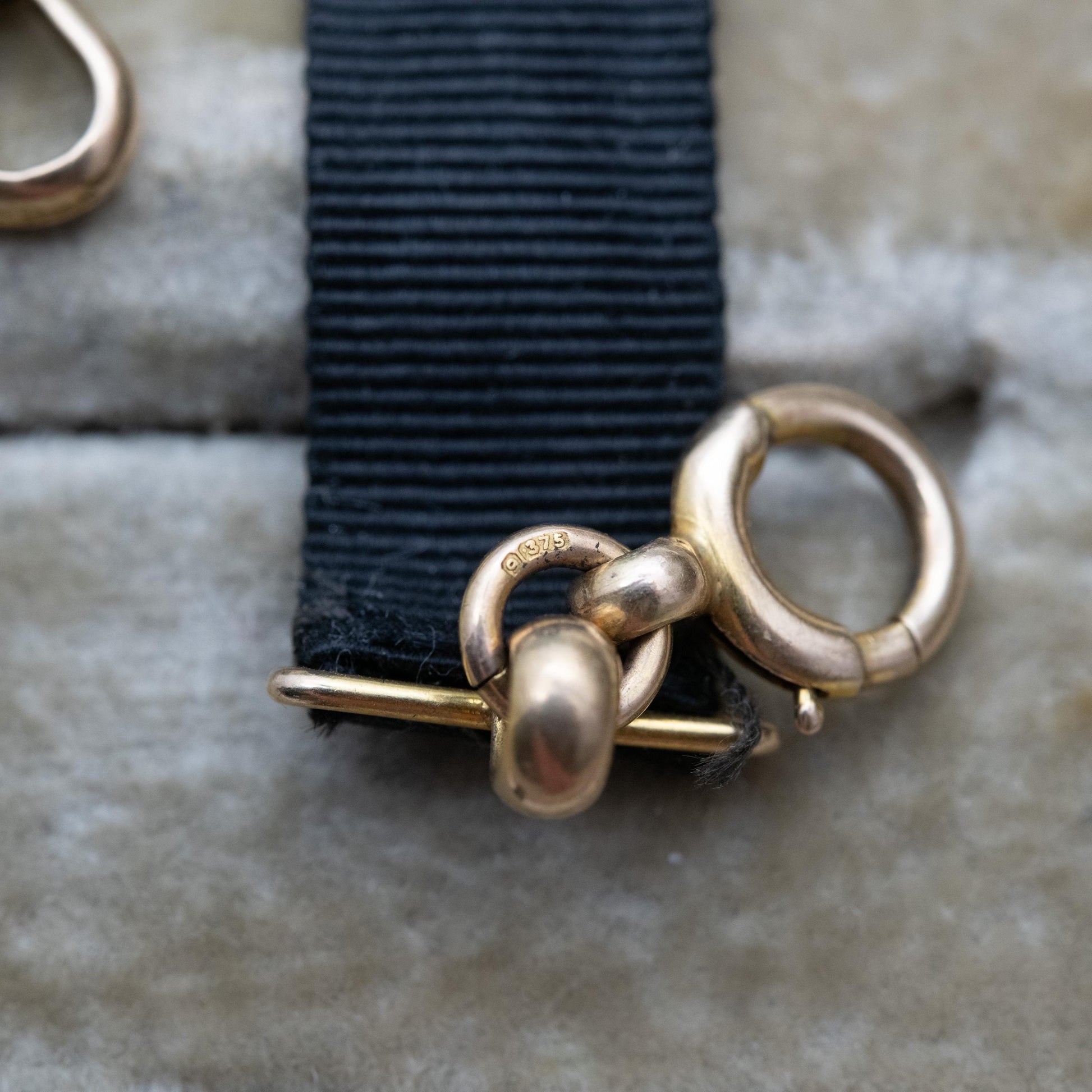 Antique Edwardian 9ct Gold Buckle Slider Ribbon Bracelet Conversion 1905 - Grosgrain Watch Chain with Dog Clip Clasp and Bolt Ring