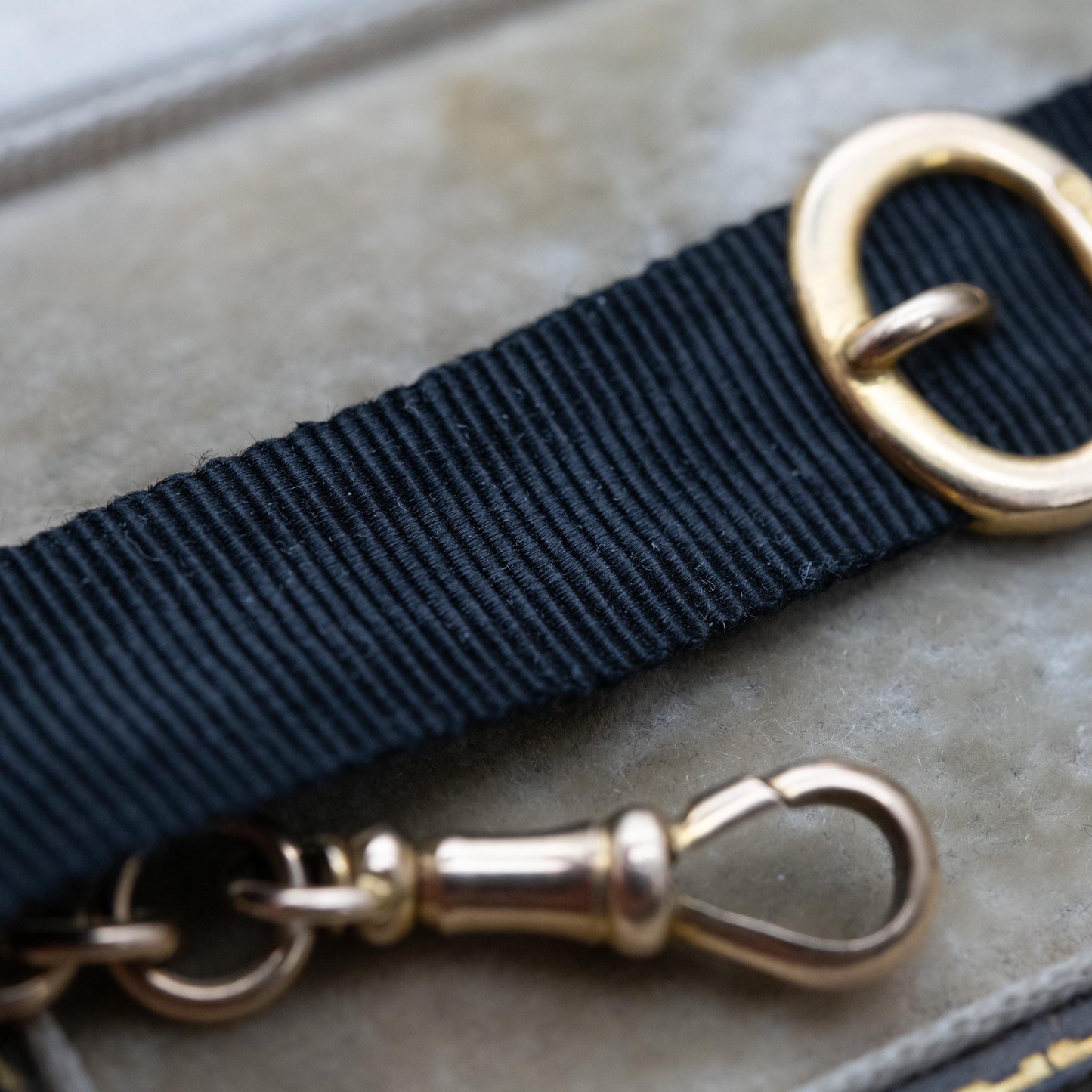 Antique Edwardian 9ct Gold Buckle Slider Ribbon Bracelet Conversion 1905 - Grosgrain Watch Chain with Dog Clip Clasp and Bolt Ring