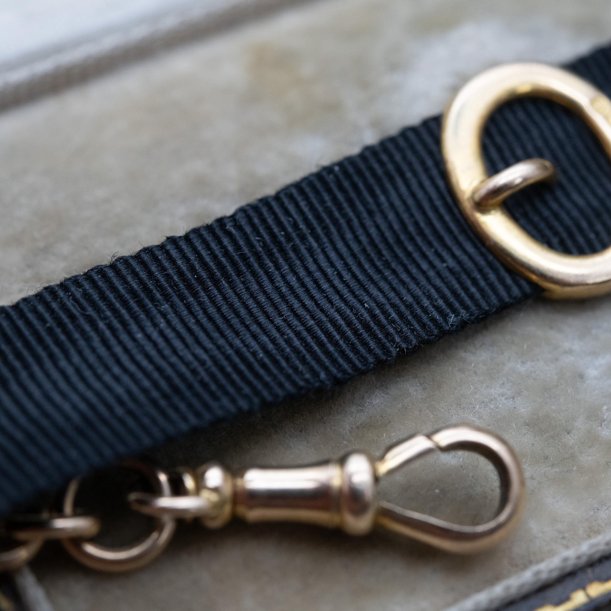 Antique Edwardian 9ct Gold Buckle Slider Ribbon Bracelet Conversion 1905 - Grosgrain Watch Chain with Dog Clip Clasp and Bolt Ring