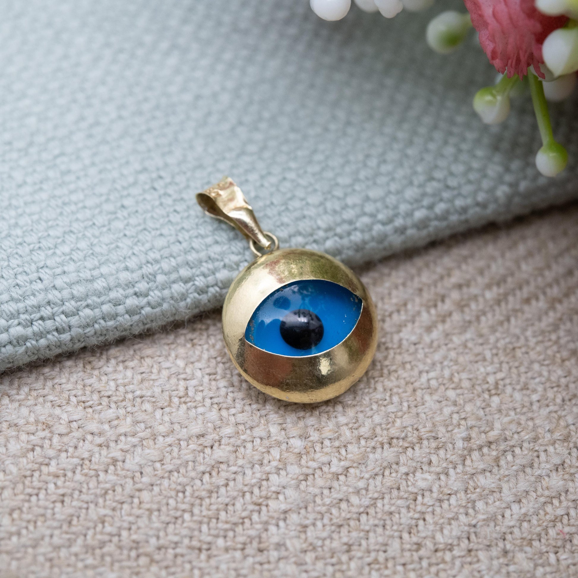 14ct Gold Evil Eye Pendant by Derin - Blue Glass Charm for Necklace Stack