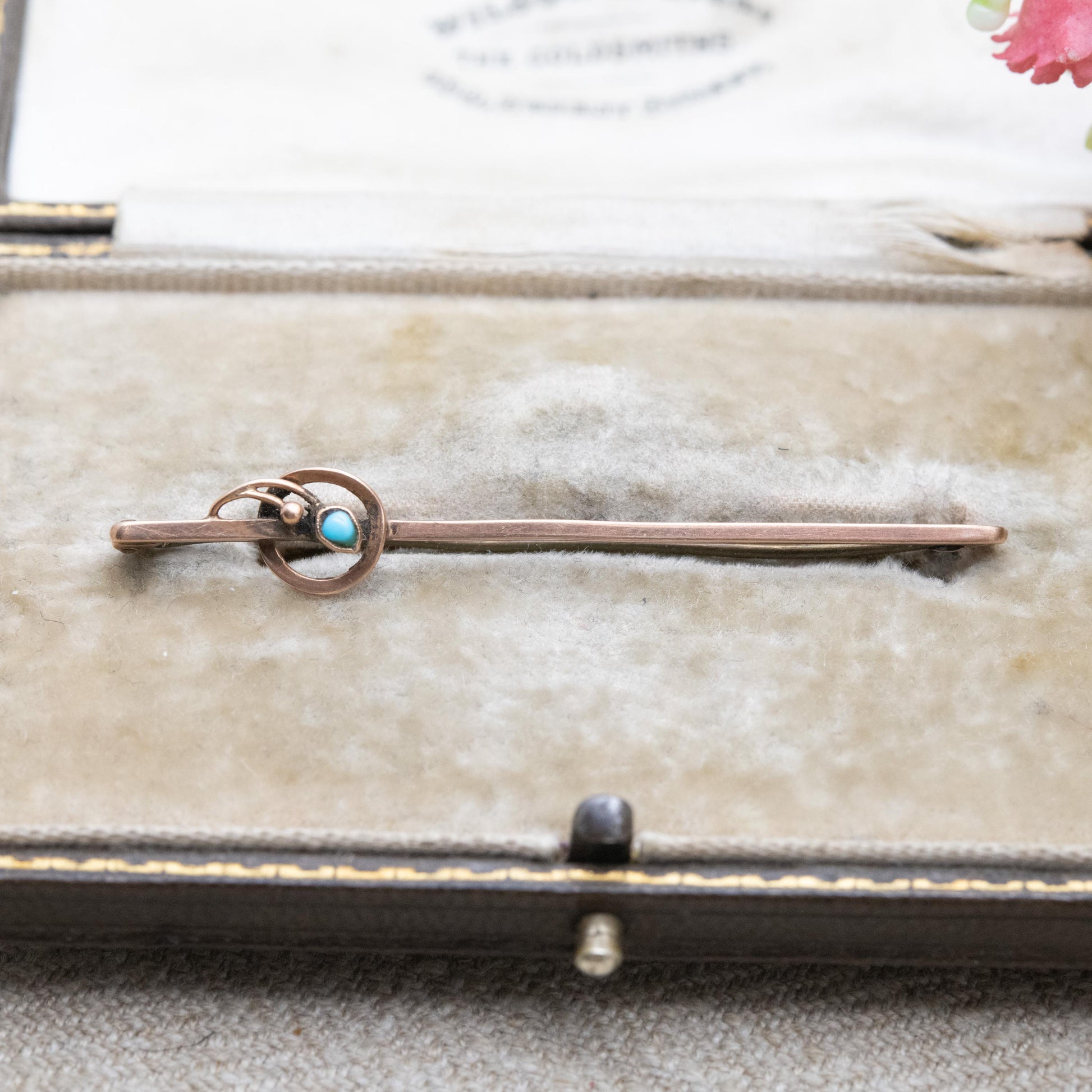 Antique Edwardian 9ct Gold Brooch with Turquoise Flower - Floral Leaf Bar Brooch