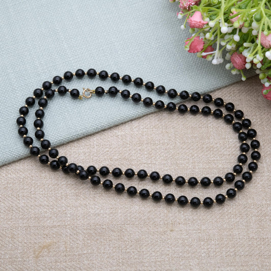 Vintage 9ct Gold Onyx Beaded Necklace with Gold Spacer Beads | Length 66cm 26"