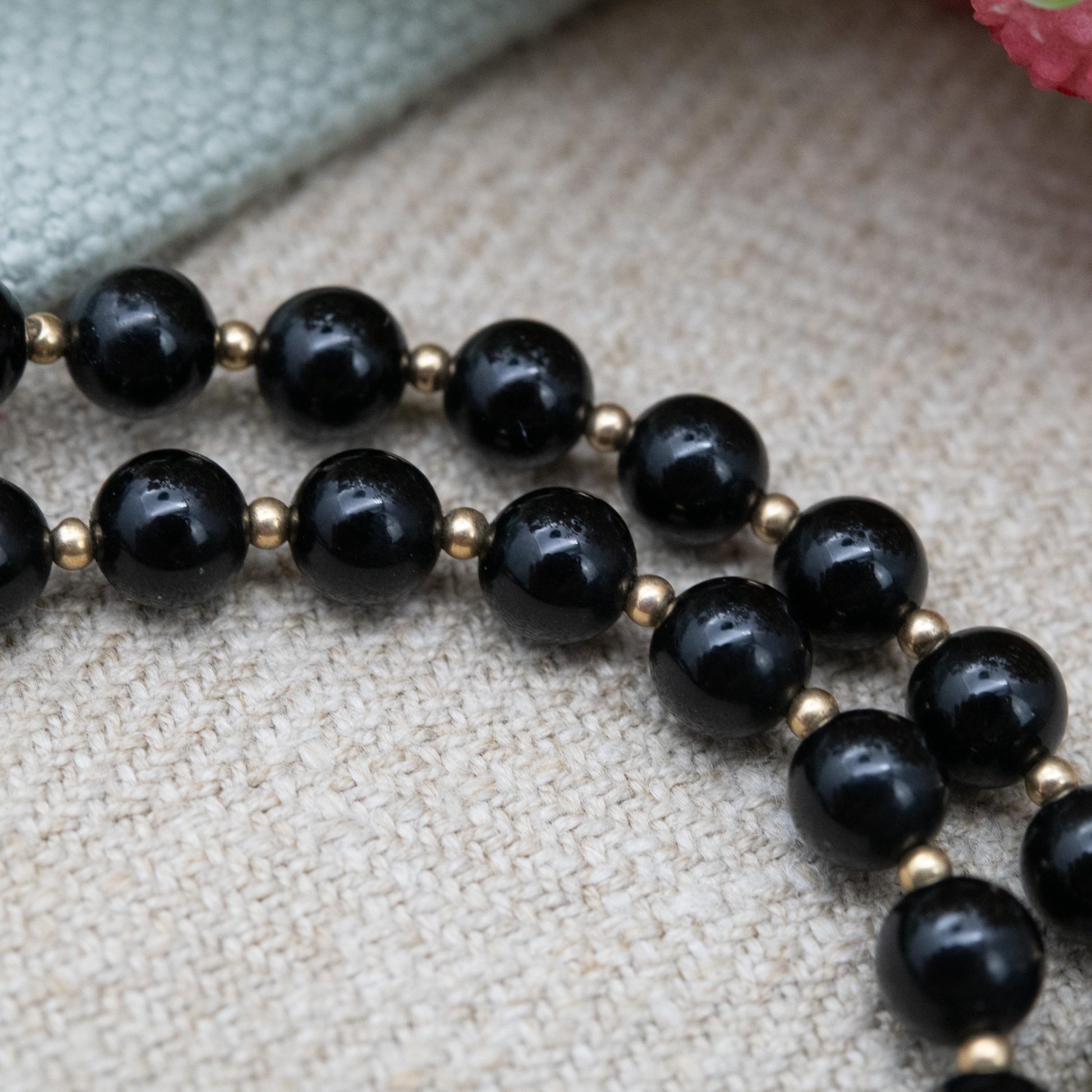 Vintage 9ct Gold Onyx Beaded Necklace with Gold Spacer Beads | Length 66cm 26"