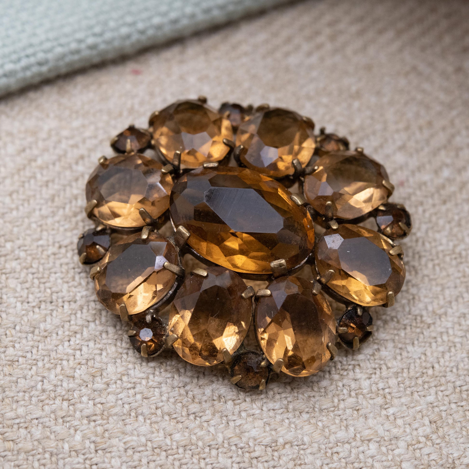 True Vintage Czech Glass Brooch with Large Faceted Brown Crystal Stones c. 1930s
