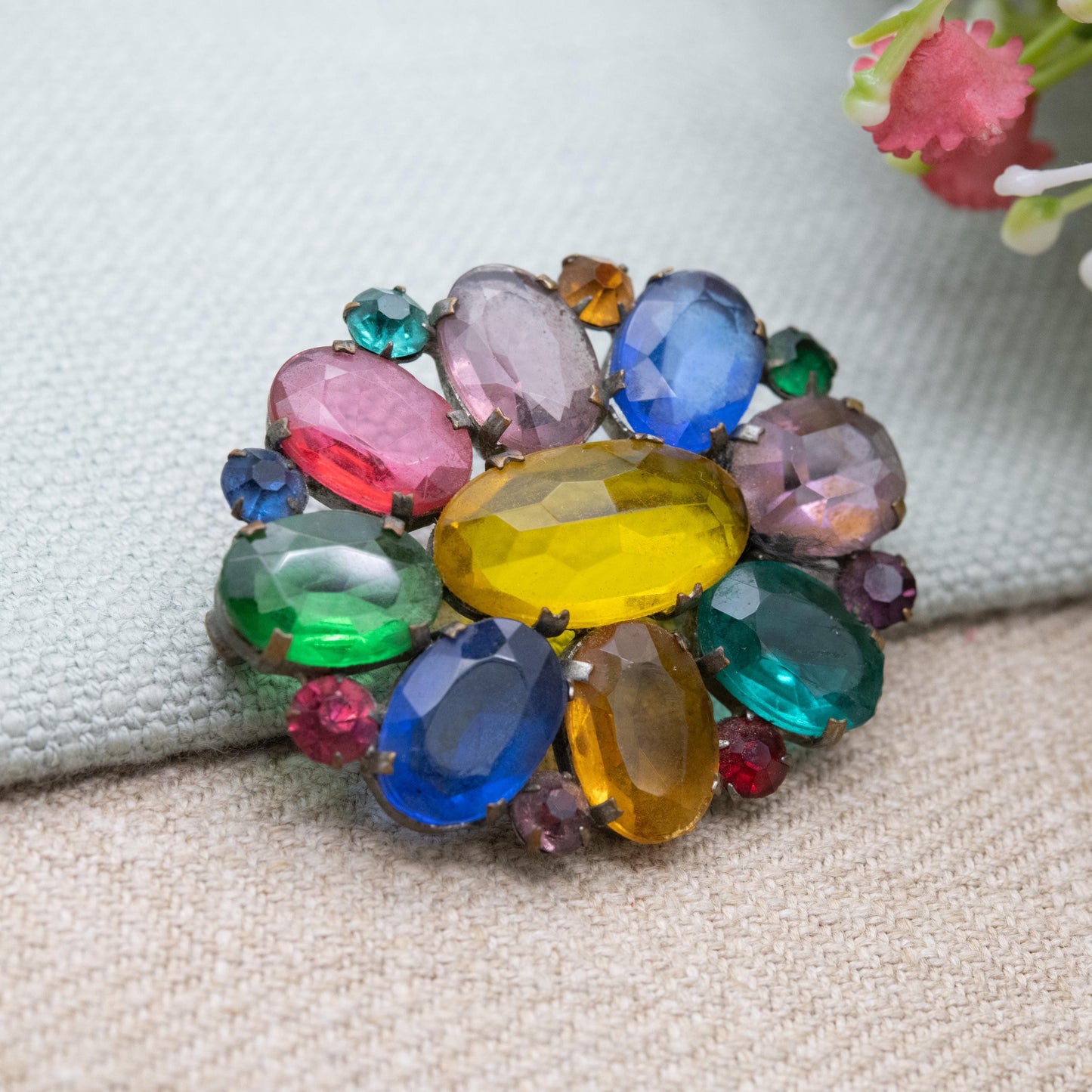 True Vintage Tutti Frutti Czech Glass Brooch Art Deco Era c. 1930s - Fruit Salad Colourful Crystal Jewellery including Uranium Glass