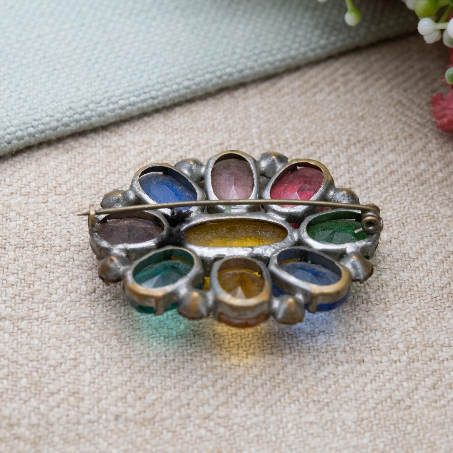 True Vintage Tutti Frutti Czech Glass Brooch Art Deco Era c. 1930s - Fruit Salad Colourful Crystal Jewellery including Uranium Glass