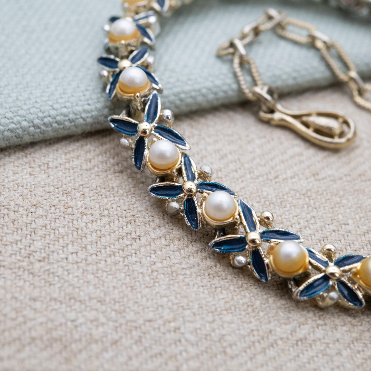 Vintage Jewelcraft Blue Enamel Faux Pearl Choker Length Necklace 16" - Branded Midcentury Costume Jewellery