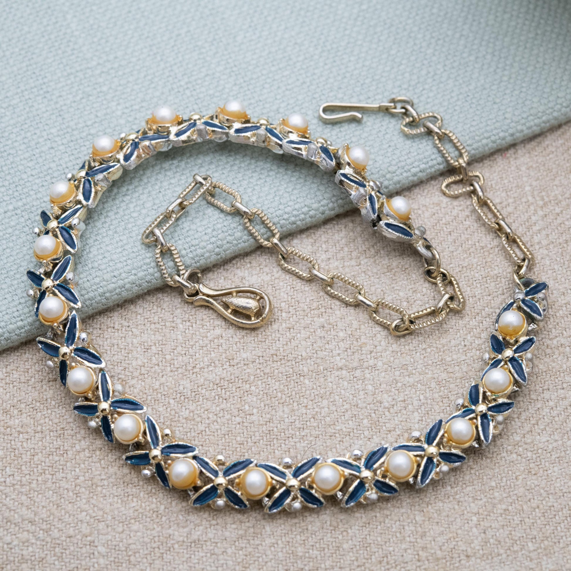 Vintage Jewelcraft Blue Enamel Faux Pearl Choker Length Necklace 16" - Branded Midcentury Costume Jewellery