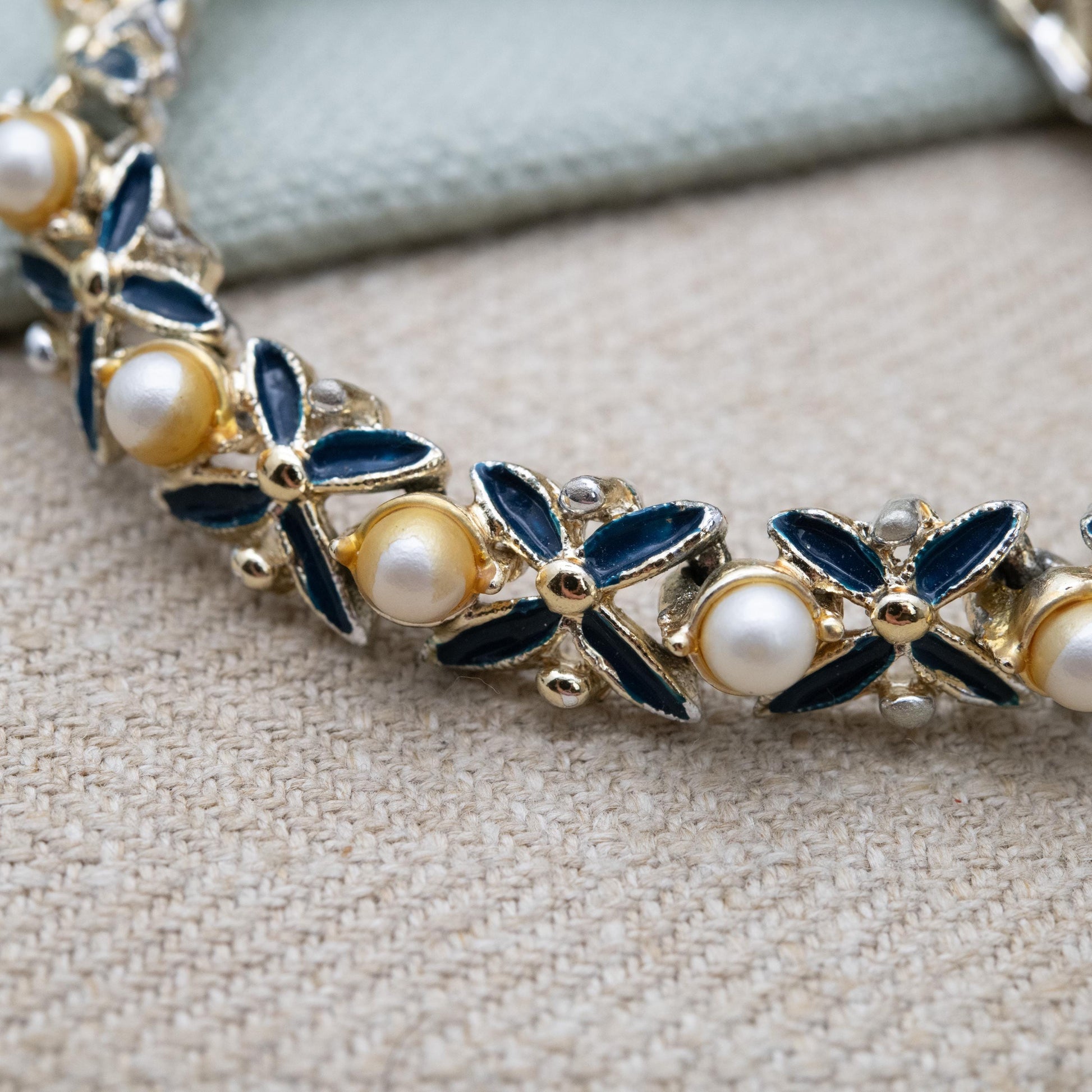 Vintage Jewelcraft Blue Enamel Faux Pearl Choker Length Necklace 16" - Branded Midcentury Costume Jewellery